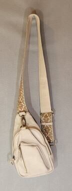 Antik Kraft Cream Faux Leather Sling Crossbody Bag Webbed Guitar Strap Boho